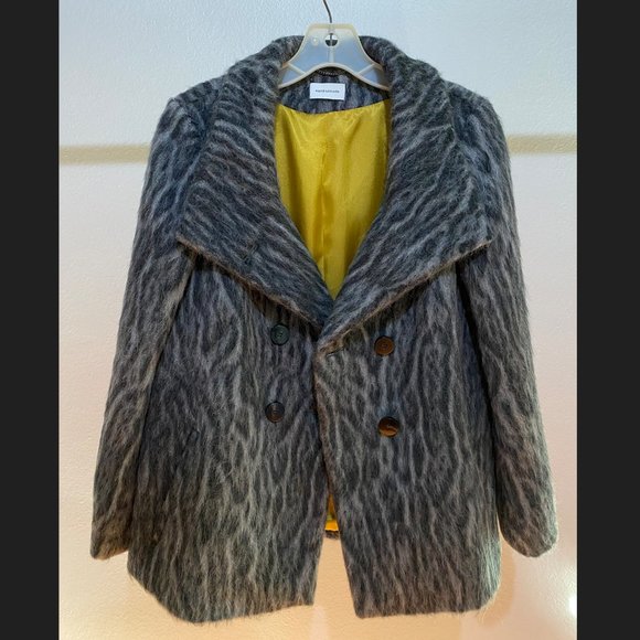 Rene Lezard Double Breasted Pea Coat Gray Leopard Print Alpaca Wool Size 34 - Picture 1 of 3